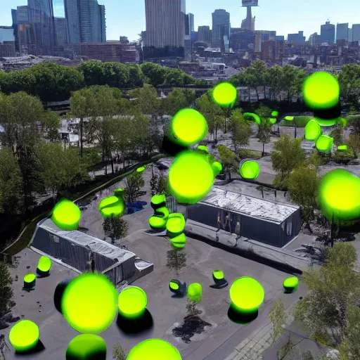 Image similar to chartreuse chrome energy blob hovering city park