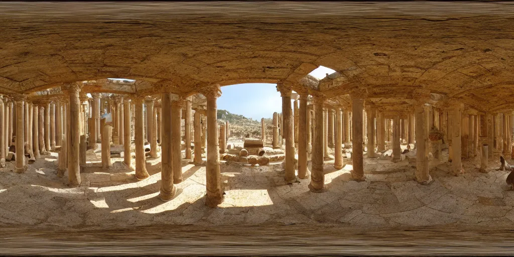 Image similar to Seamless Equirectangular projection of a 360 view inside a byzantine temple with rabbits roaming