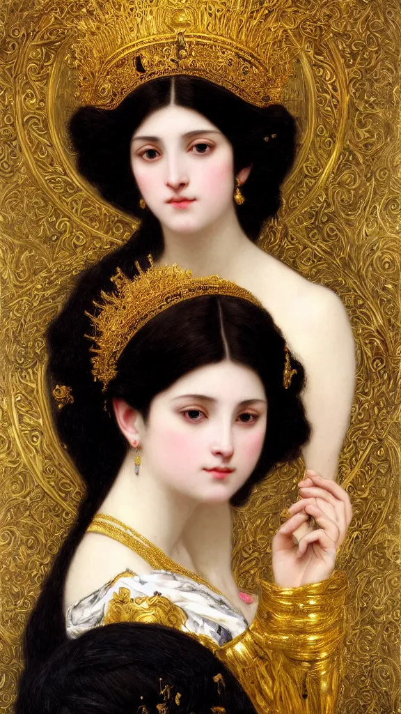 Image similar to painting portrait of a beautiful black haired woman with pale skin and a crown on her head sitted on an intricate metal throne, intricate, elegant, digital painting, smooth, sharp focus, shiny gold, realistic gold, realistic metal, by william - adolphe bouguereau and gustav klimt,