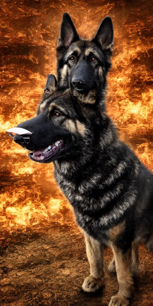 Image similar to close up character portrait of muscular german shepard beast - man, wearing military outfit, standing in hell landscape, 4 k, tone mapping