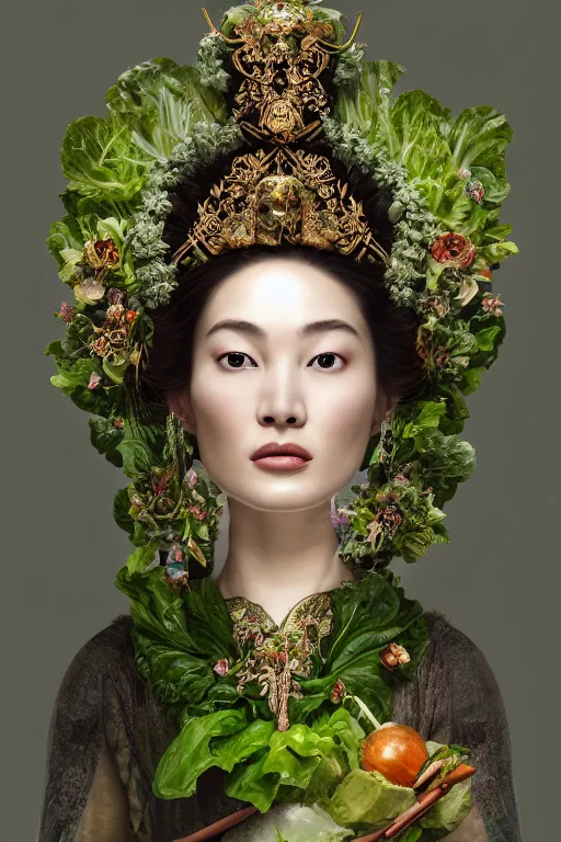 Image similar to a beautiful empress portrait, with a brilliant, impossible striking big salad headpiece, clothes entirely made out of salad, everything salad, symmetrical, dramatic studio lighting, rococo, baroque, greens, asian, hyperrealism, closeup, D&D, fantasy, intricate, elegant, highly detailed, digital painting, artstation, octane render, 8k, concept art, matte, sharp focus, illustration, art by Artgerm and Greg Rutkowski and Alphonse Mucha