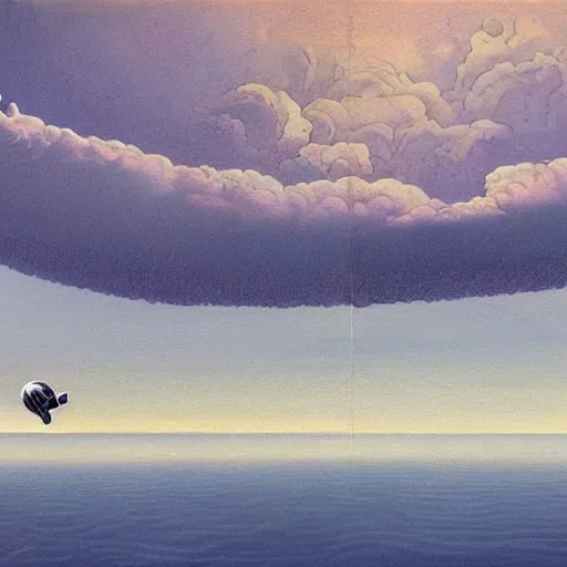 Prompt: a beautiful painting of a space craft flying on a great lake with spectacular clouds by moebius