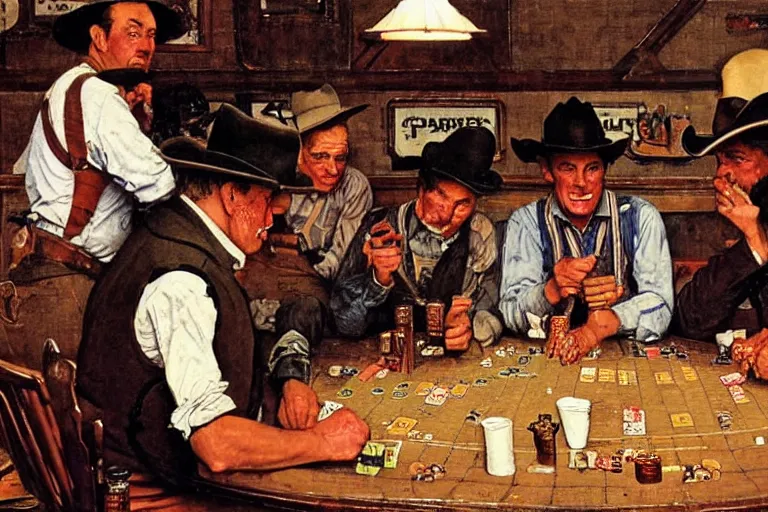 Prompt: cowboys playing poker in a saloon, by Norman Rockwell