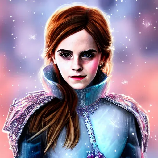 Prompt: Portrait shot of Emma Watson as the Queen of Ice, Ice crystal armor, snow falling, concept art, 4k, digital art, trending on art station, hd, doll, colorful backdrop