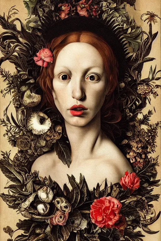 Image similar to Detailed maximalist portrait with large lips and with large, wide eyes, sad expression, extra bones, flesh, HD mixed media, 3D collage, highly detailed and intricate, surreal, botany, illustration in the style of Caravaggio, dark art, baroque