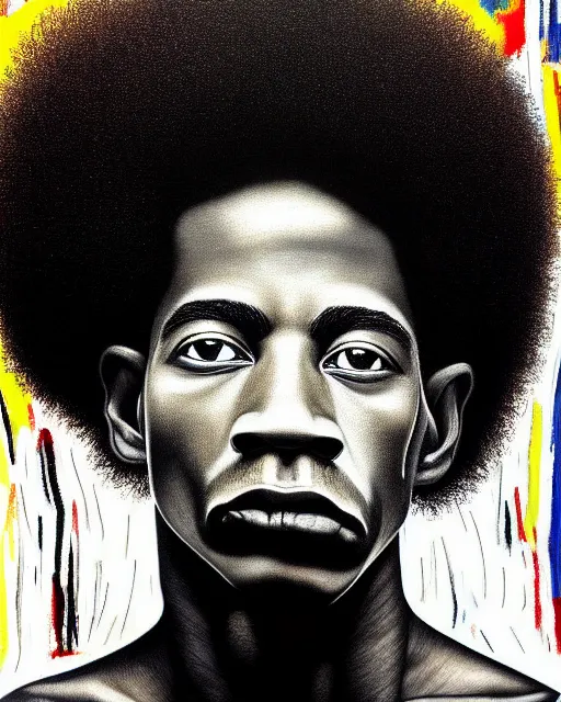 Prompt: high detailed !dream A extremely ultra highly detailed majestic hi-res beautiful immaculate head and shoulders award winning painting stunning masterpiece of the face of a strong black african man with an afro by Jean-Michel Basquiat, 8k, high textures, ultra hyper sharp, insanely detailed and intricate, super detailed, 8k HDR ultra high quality