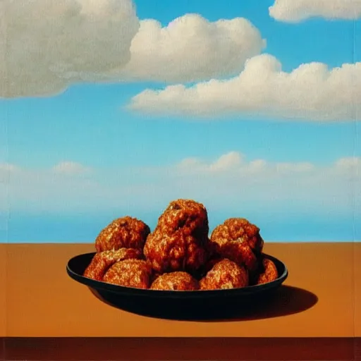 Prompt: painting of spaghetti and meatballs by rene magritte, hd, 4 k, detailed, award winning