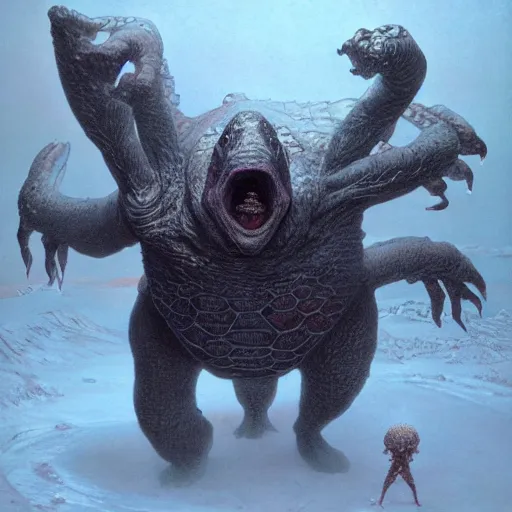 Image similar to anthropomorphic turtle humanoid, carapace, wayne barlowe, blizzard, winter, night, furs, fantasy