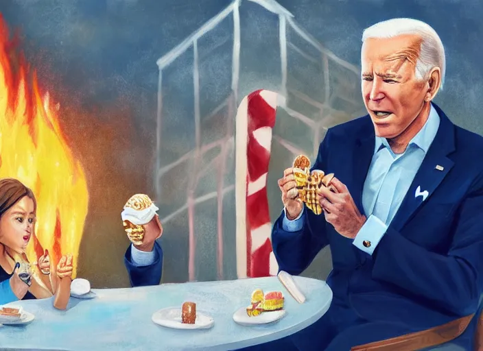 Prompt: cinematic artwork close up of joe biden eating an ice cream with the whitehouse on fire behind him beautiful artwork by rutowski, realistic, 4 k, masterpiece