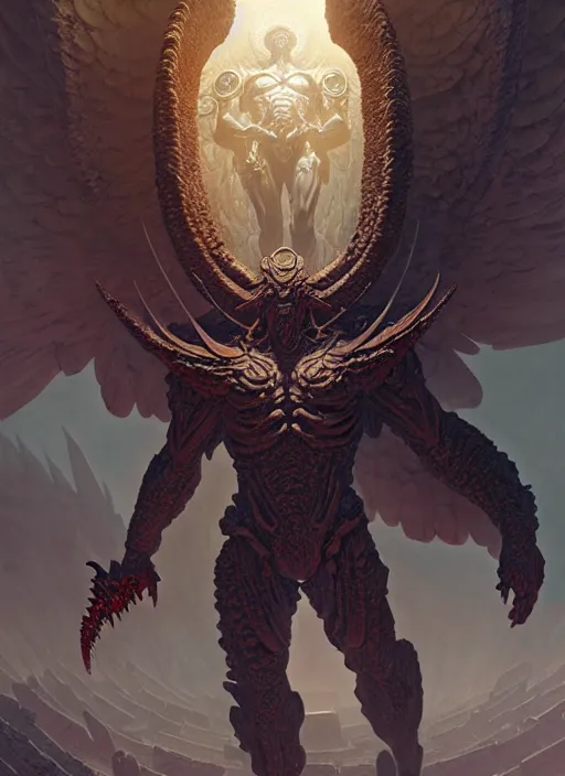 Image similar to masterpiece concept art, rebulon the ancient arch angel - demon, by greg rutkowski and geof darrow, 8 k, intricate detail, cinematic lighting, epic pose