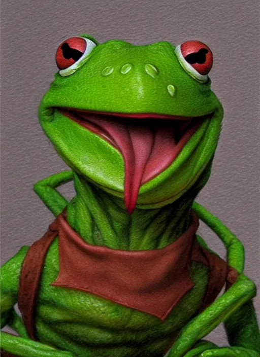 Image similar to portrait of Kermit the frog in Evil Dead (2013), highly detailed, centered, solid color background, digital painting, artstation, concept art, smooth, sharp focus, illustration, artgerm, donato giancola, Joseph Christian Leyendecker, Les Edwards, Ed Repka, WLOP, Artgerm