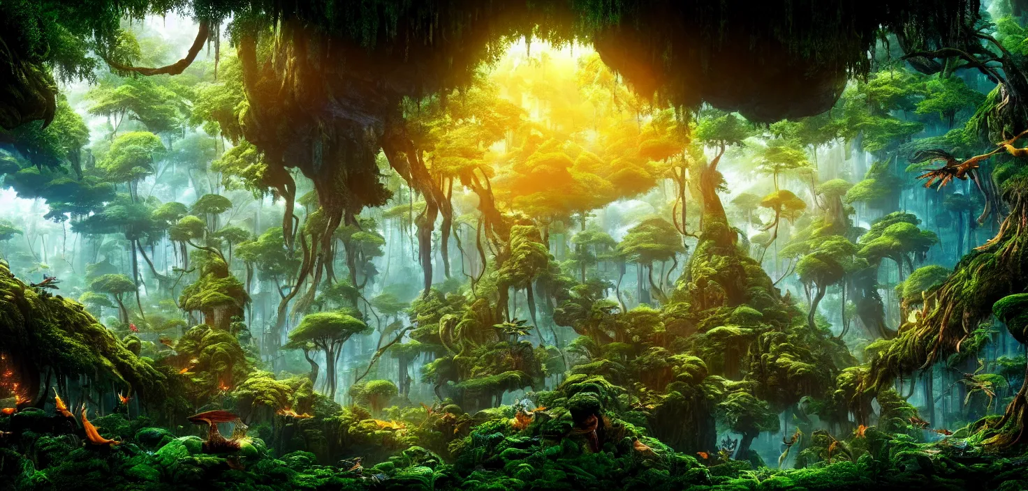 Prompt: forest world of avatar ， central symmetrical composition, incredible, vector art, octane render, fabulous, hyper detailed, random cinematic view, no noise, global illumination, warm lighting, volumetric, godrays, vivid, beautiful