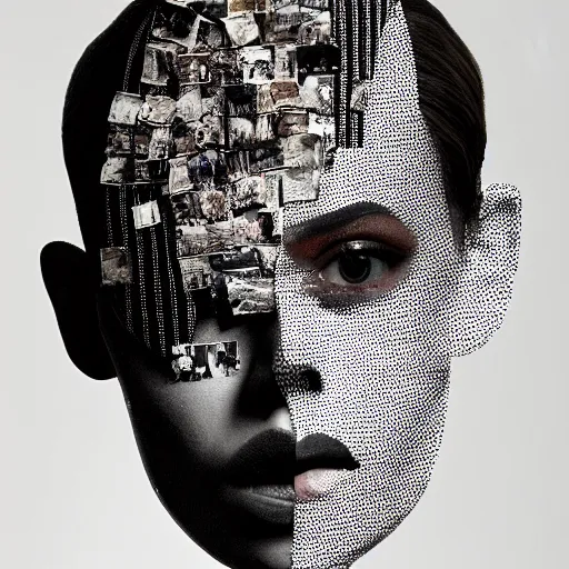 Image similar to a head-shaped chaotic collage made out of fragments of printed images taken from the internet, fashion magazines, and family photographs all coming together to form a hybrid face shape with twisted features in the Dadaesque style, mixed media