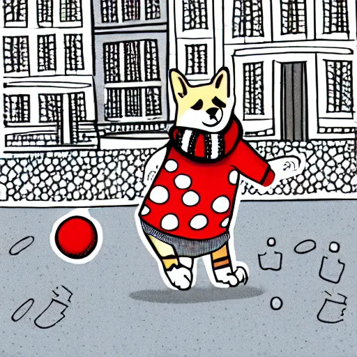 Prompt: illustration of boy playing football with his polkadot scarf wearing corgi on the streets of paris