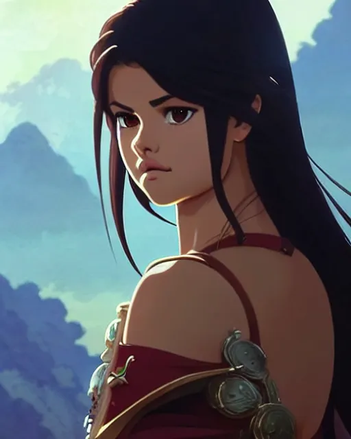 Image similar to selena gomez as an azctec warrior, detailed perfect face, exquisite details, fire magic, mid view, design on a white background, by studio muti, greg rutkowski makoto shinkai takashi takeuchi studio ghibli