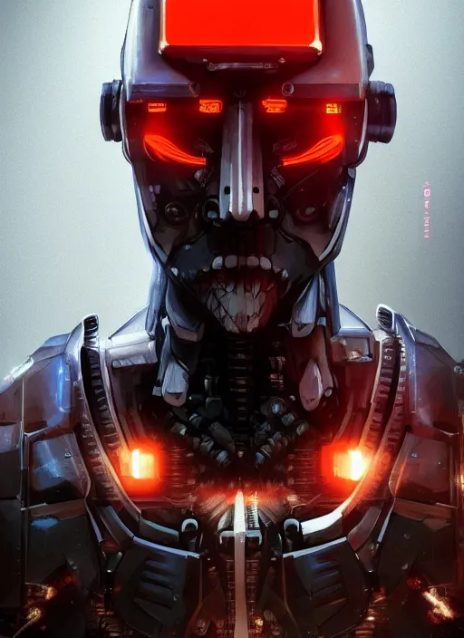 Image similar to bladerunner, cyberpunk, full head, angled facial portrait of a bone ceramic caliente mech humanoid robot Spanish ninja with an attractive bald head and handsome features, large glowing eyes, macho, piroca, dotado, guapo, reflective surface, overwatch, trending on cgsociety, trending on artstation