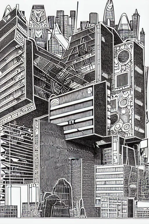 Image similar to a black and white drawing of a science fiction building, cityscape, a detailed mixed media collage by hiroki tsukuda and eduardo paolozzi and moebius, intricate linework, sketchbook psychedelic doodle comic drawing, geometric, street art, polycount, deconstructivism, matte drawing, academic art, constructivism