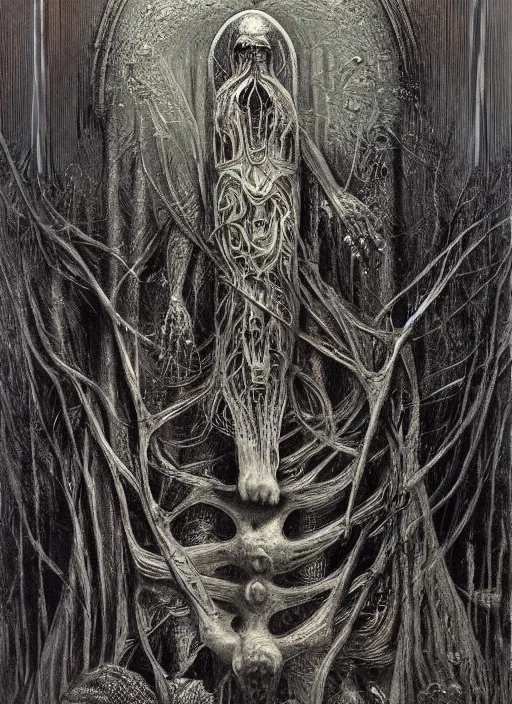 Prompt: detailed tarot card designed by giger, h. r., zdzislaw beksinski, artstation