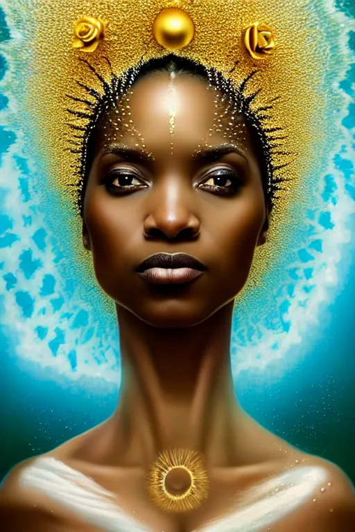 Prompt: hyperrealistic neo - surreal cinematic very beautiful! black oshun goddess with white! iris, in water, yoruba body paint, mirror dripping droplet!, gold flowers, highly detailed face, digital art masterpiece, smooth robert steven connett eric zener dramatic teal light, ground angle uhd 8 k, sharp focus