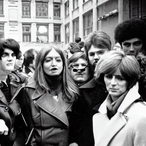 Image similar to French pop star Daphne LaCroix argues in favor of worker's rights with German New-Trad Intellectuals in Berlin, March, 1978