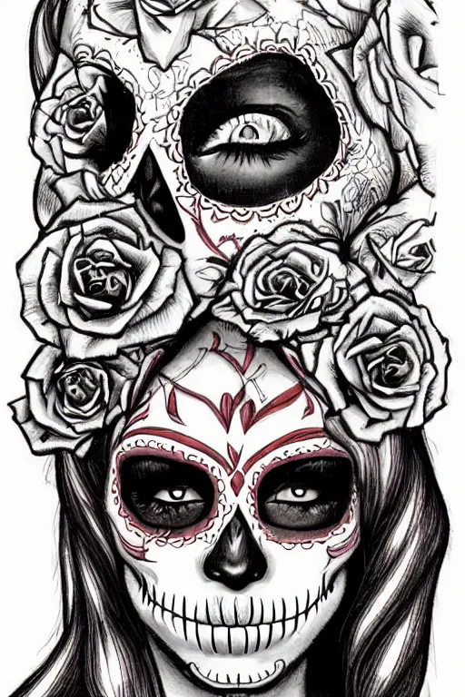 Prompt: Illustration of a sugar skull day of the dead girl, art by Glenn Fabry