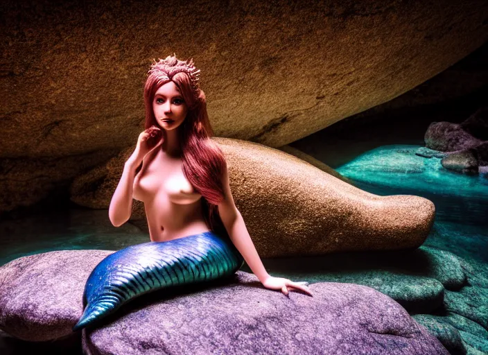 Prompt: mermaid sitting on a rock in an underground river. fantasy magic style. highly detailed 8 k. intricate. lifelike. soft light. sony a 7 r iv 5 5 mm. cinematic post - processing