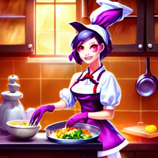 Prompt: a cute anthropomorphic maid preparing dinner in the kitchen. league of legends splash art