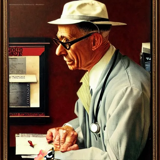 Prompt: A Pround doctor looking at his new watch, artwork by Norman Rockwell, cinematic view, high quality