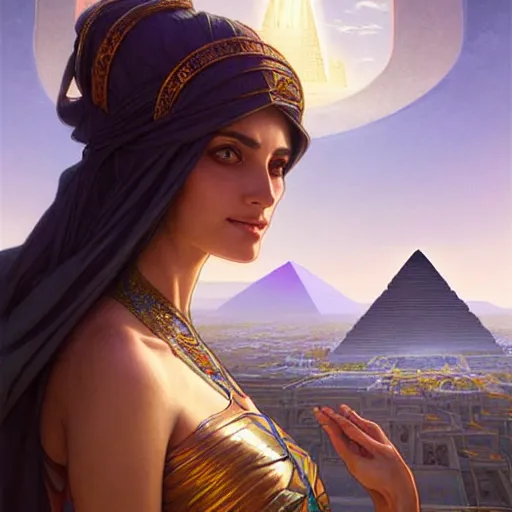 Prompt: portrait of isis as a beautiful cloaked sorceress, half body, perfect face, intricate, elegant, highly detailed, digital painting, artstation, concept art, smooth, sharp focus. temples towers and pyramids in the background. tiny people below. illustration, art by artgerm and greg rutkowski and alphonse mucha