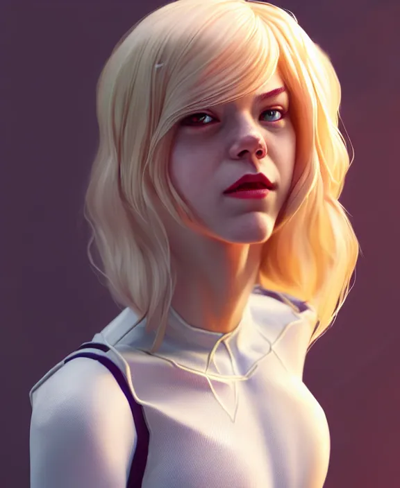 Image similar to gwen stacy female spiderman, pure white, au naturel, hyper detailed, digital art, radiant highlight, trending in artstation, cinematic lighting, studio quality, smooth render, unreal engine 5 rendered, octane rendered, art style by klimt and nixeu and ian sprigger and wlop and krenz cushart.