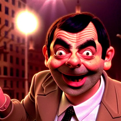 Prompt: mr. bean in tenacious d. movie still. cinematic lighting.