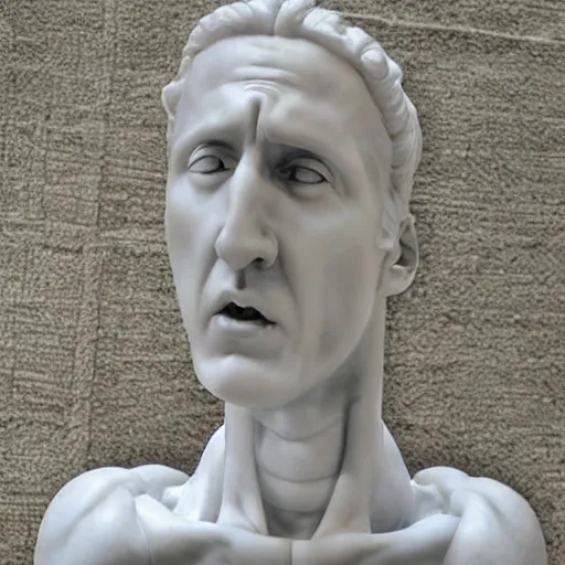 Prompt: hellenic marble sculpture of Nicolas Cage, realistic human anatomy sculpture, detailed anatomy, perfect anatomy, intricate sculpture, chiseled muscles, godlike