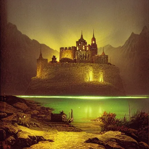 Image similar to fortress on a hill in a lake at night, Darrell k sweet