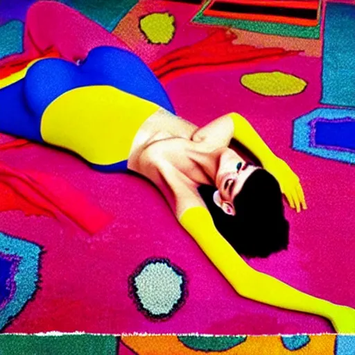 Prompt: a beautiful fashion model laying on a colorful ( ( ( persian rug ) ) ), ( ( ( ( ( wearing a lot of different colorful ties on her body ) ) ) ) )!!!!!. surreal photograph, toiletpaper magazine, 3 5 mm photograph, colourful, by pierpaolo ferrari, maurizio cattelan