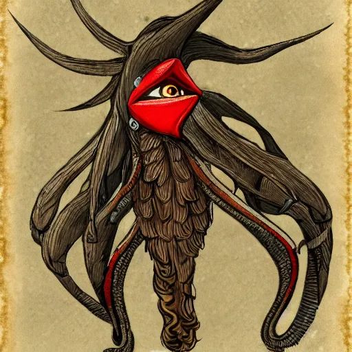 Image similar to harpy squid wearing a fez wielding a sword, realistic, very detailed, intricate, 8k res