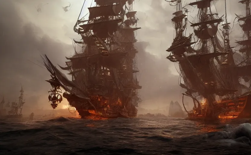 Prompt: magical and mystical pirate galleon fleet, octane render, rembrandt, cgsociety, artstation trending, horror scene, highly detailded