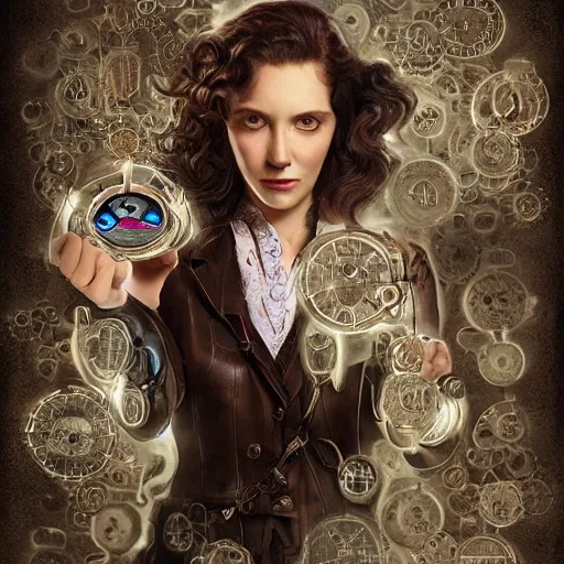 Image similar to portrait of a woman as sherlock Holmes with wavy hair as an epic idea, intricate detail, digital painting, ,metric, gears, watches, steampunk, face enhance, glowing eye, biomechanical, trash polka, raining, sepia, particles floating, whimsical background by marc simonetti, artwork by ross tran + ramond swanland + liam wong +mike winklemann + wlop