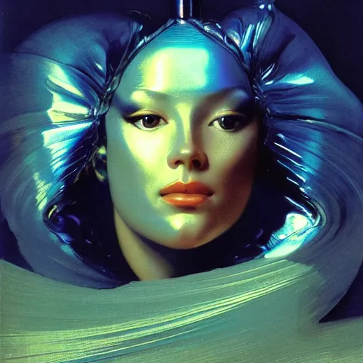 Image similar to a chrome woman's face in flowing sheets of cobalt blue gold chrome silver satin mirror foil, by moebius syd mead roger dean wojciech siudmak donato giancola yoshitaka amano michael cheval ivan aivazovsky jan de heem pieter claesz paul delaroche alma tadema aelbert cuyp, hyperrealistic volumetric light render