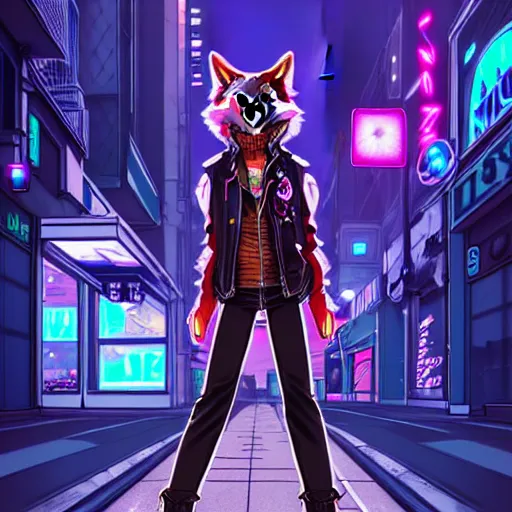 Image similar to beautiful furry digital art portrait commission of an androgynous furry anthro wolf fursona wearing punk clothes in the streets of a cyberpunk city. neon signs. character design by charlie bowater, ross tran, artgerm, and makoto shinkai, detailed, inked