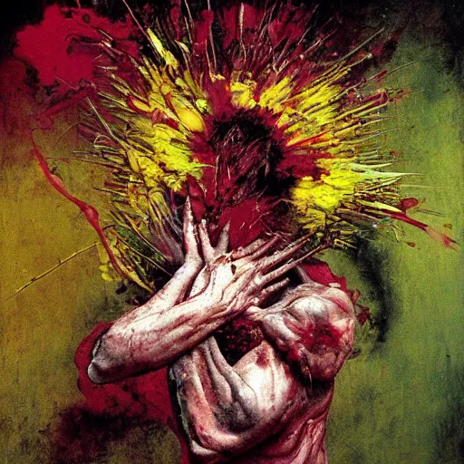 Prompt: epic floral composition of deadly silence, intense emotion, powerful painting, gritty feeling, imagining a blissful fate, hope, anger, rage, willing, deconstructed, chaotic, expressive, neo-expressionism, by Francis Bacon, by Beksinski, by Abbas Kiarostami, by Kurosawa, by Hokusai, war photography, colorful, dreams, photojournalism