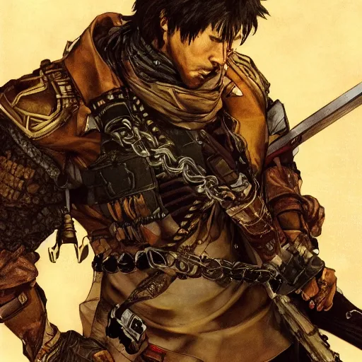 Prompt: portrait of a hero holding his sword in front of his face by yoji shinkawa, high quality, extra details, realism, american, brown eyes, hispanic, ornate, colored, golden chain, blood
