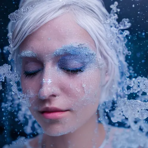 Prompt: female white eye lashes, eyes closed, no makeup, partly submerged in rippling viscous clear oil, frost needles, blue and lavender tint, complex hyperdetailed technical suit. white hair flowing, frosty breath, sci - fi, futuristic, ultra realistic, wide angle.