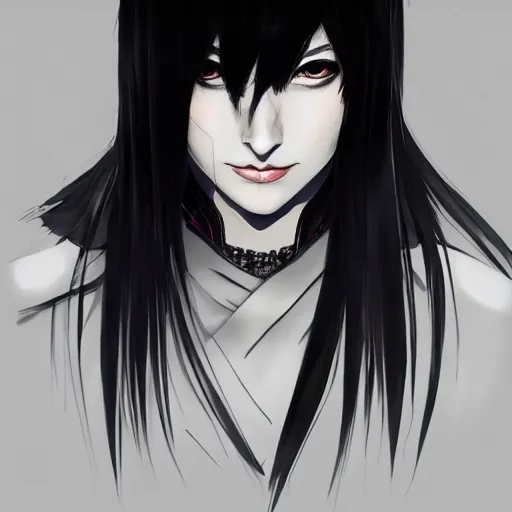 Image similar to heroine, beautiful, sui ishida with black hair, hyperrealistic, highly detailed, 8 k, a real photographic, digital art, character, realistic, full body portrait, female samurai, symatrical, dark atmospheric lighting, artstation, symetric, lineart