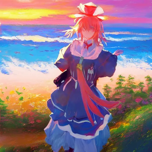 Prompt: Beautiful abstract impressionist painting of Kirisame Marisa from the Touhou project on a cliff looking calmly at the sea at sunset, touhou project official artwork, danbooru, oil painting by Antoine Blanchard, wide strokes, pastel colors, soft lighting sold at an auction