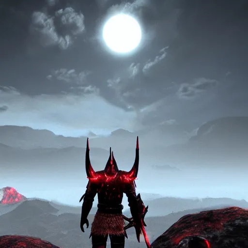 Image similar to photo realistic dovahkiin standing on a mountain wearing daedric armor with an eerie blood red eclipse in the background