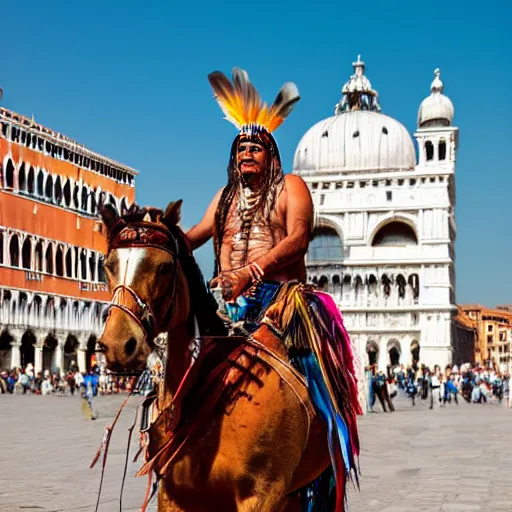 Image similar to photo of an Indian chief on a horse at St. Marco square in Venice, 50mm, beautiful photo