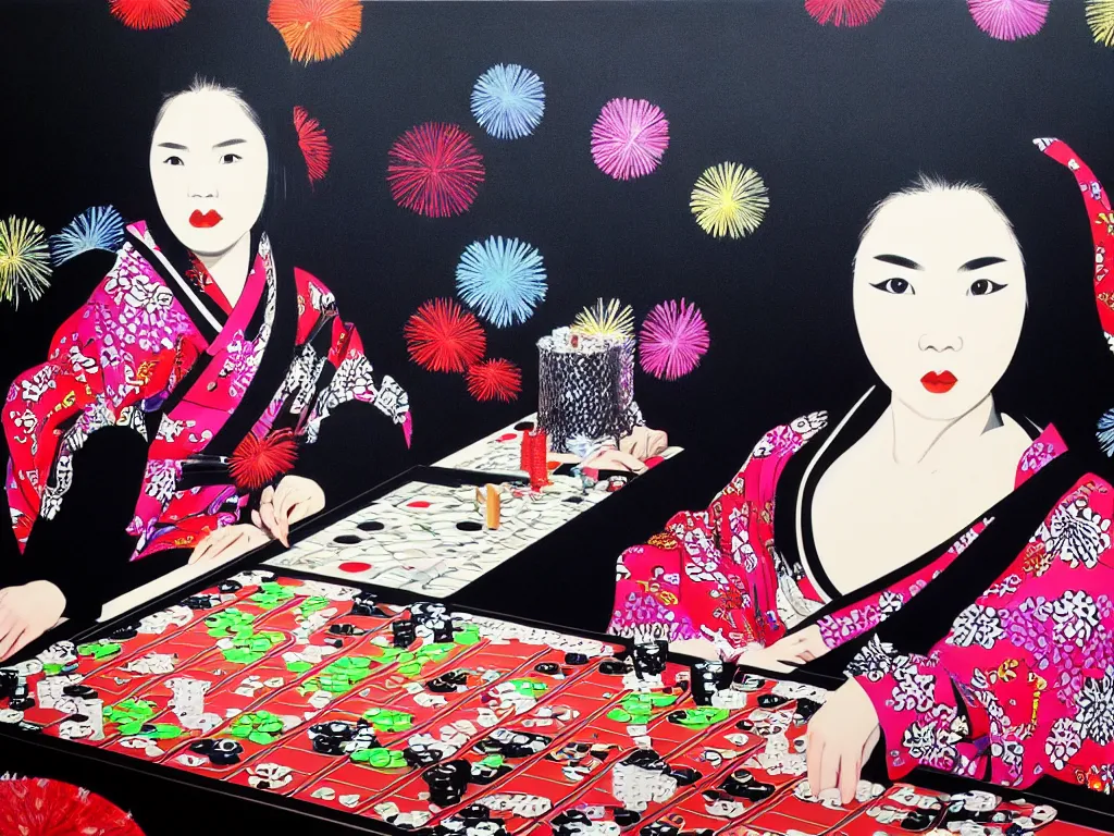 Image similar to hyperrealism composition of the detailed woman in a japanese kimono sitting at an extremely detailed poker table with darth vader, fireworks on the background, pop - art style, jacky tsai style, andy warhol style, acrylic on canvas