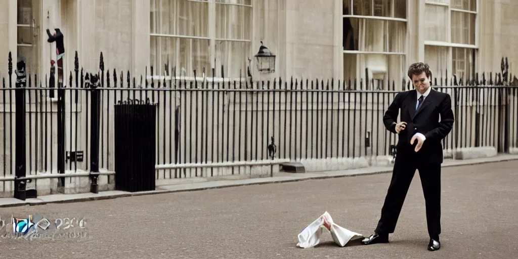 Prompt: photograph of a british man in a suit rubbing his nose, karen knorr, daido moriyama, analogue photography, downing street