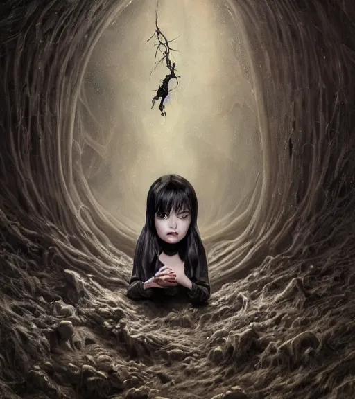 Prompt: an ethereal horror comic book style portrait painting of a creepy black - haired girl crawling out of a well, character design by mark ryden and pixar and hayao miyazaki, unreal 5, daz, hyperrealistic, octane render, cosplay, rpg portrait, dynamic lighting, intricate detail, eerie vibrancy, cinematic