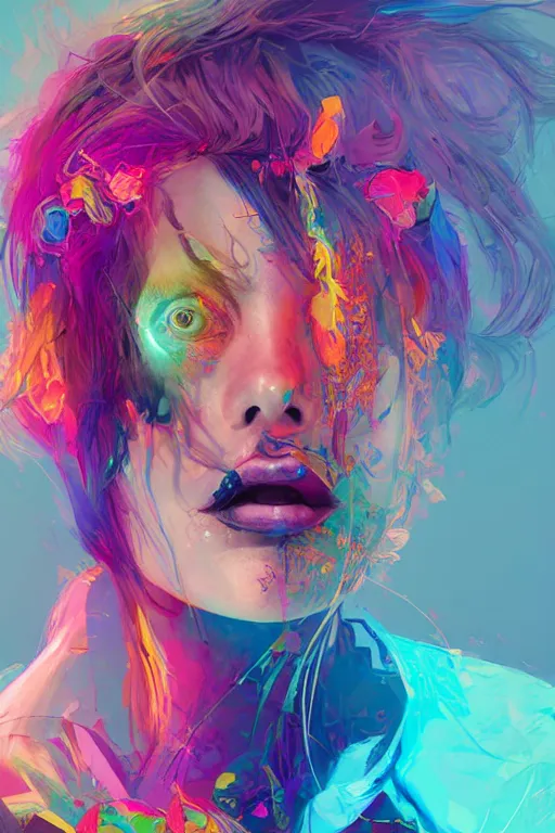Prompt: beautiful confused dynamic female artist, vibrant colors, glitch, character concept art, weta digital, photorealistic, highly detailed